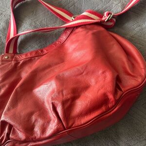 Marc Jacobs Red Leather Shoulder Bag with Striped Canvas Strap